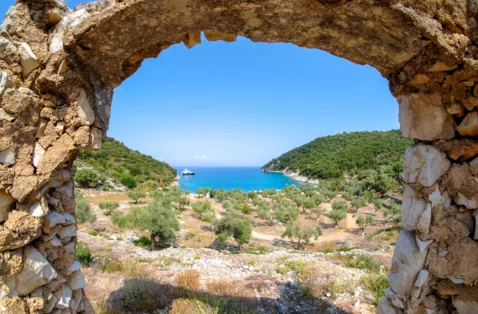 Filiatro beach framed by ruins Ithaka Greece web