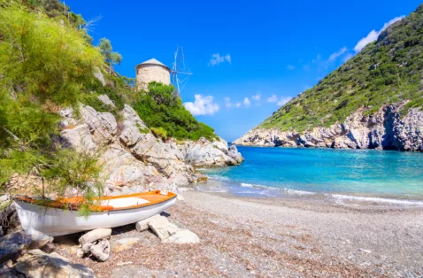 Gialia beach and windmill Alonissos Greece