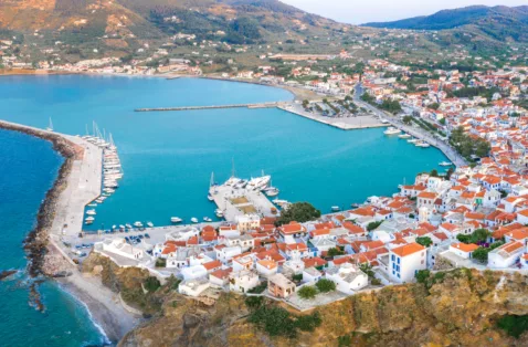 Skopelos town aerial Skopelos Greece web crop