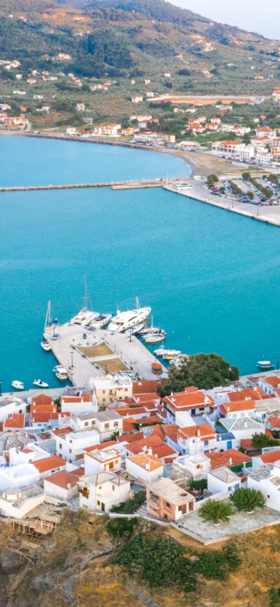 Skopelos town aerial Skopelos Greece web crop