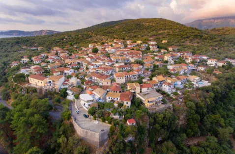 Spartochori village aerial Meganisi Greece web