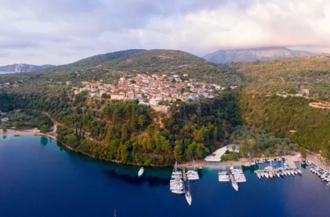Spartochori village harbour aerial Meganisi Greece web crop3