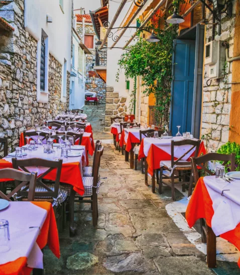 Taverna tables Skiathos Greece